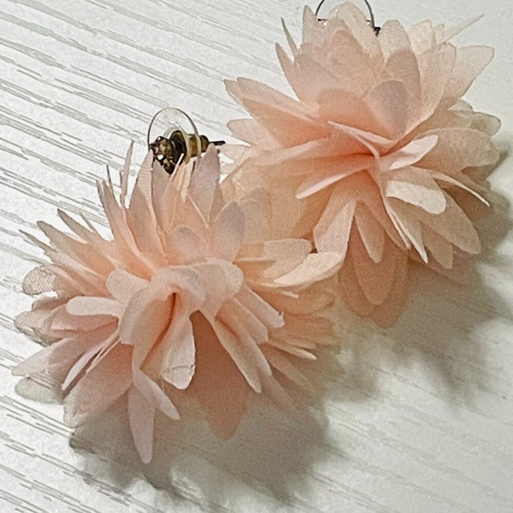 Pale Pink Tulle Floral Pom Pom Drop Earrings Soft Chiffon Flower Petal Statement